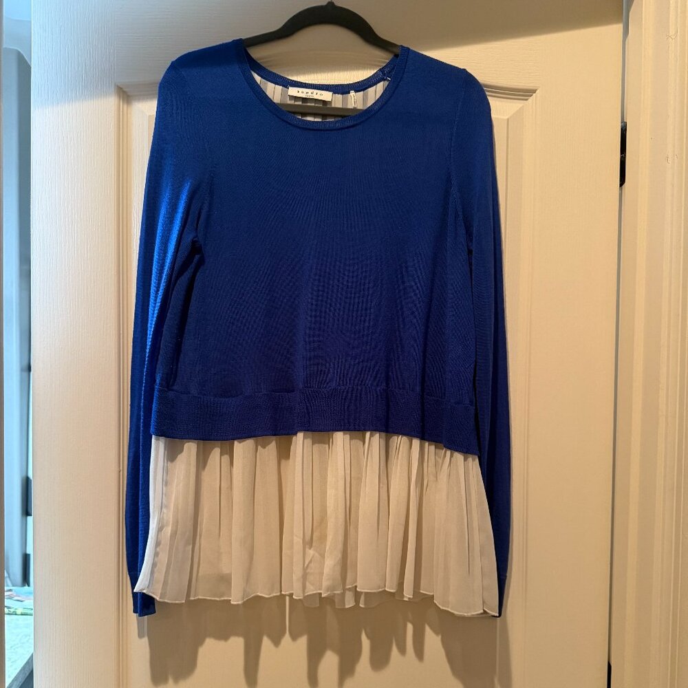 Sandro | Wool/Acrylic + Pleated Chiffon Sweater | Royal Blue/White | Size: 3/L